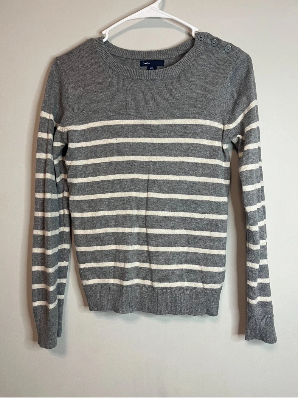 GAP Gray and White Striped Button-Shoulder Crewneck Sweater xxl 14/16